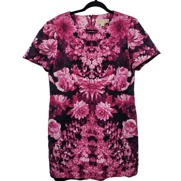 Michael Kors Dress 14 Pink Short Sleeve Kew Garden Floral Exposed Zipper Vibrant - Picture 1 of 14